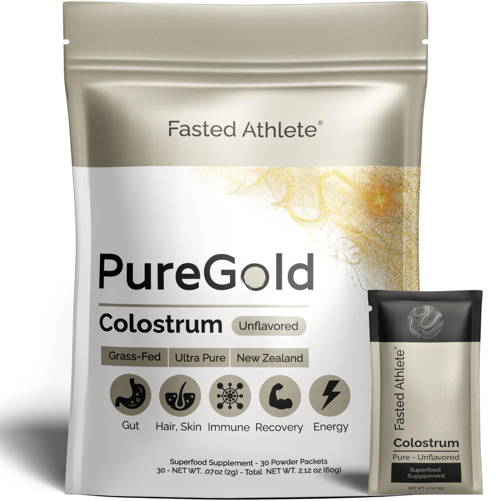 Atleta ayunada - Colostrum de PureGold – Colostrum de Grass apoya la salud de Gut, la piel, la recuperación de la inmunidad – Desarrollado, 30 Packets de un solo paso