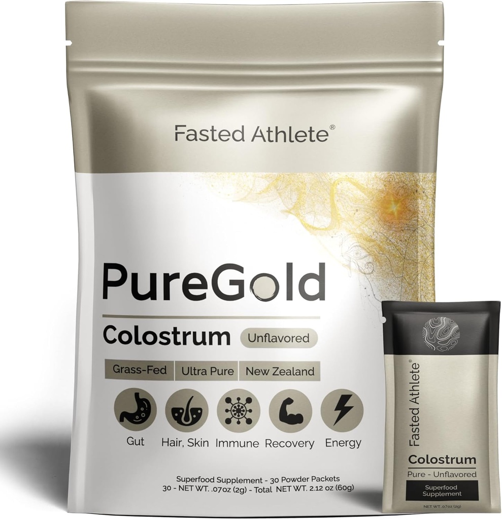 Fasted Athlete - PureGold Colostrum – Grass-Fed Colostrum Powder Supports Gut Health, Skin, Recovery & Immunity – Unflavored, 30 Single-Serve Packets
