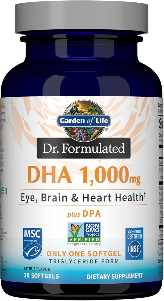 Jardín de la vida Dr. Formulado DHA 1000mg Fish Oil - Lemon, Once Daily 1000mg DHA + DPA en forma de triglicéridos, Single Source Omega 3 Suplemento para ojo final, cerebro y salud cardíaca, 30 Softgels