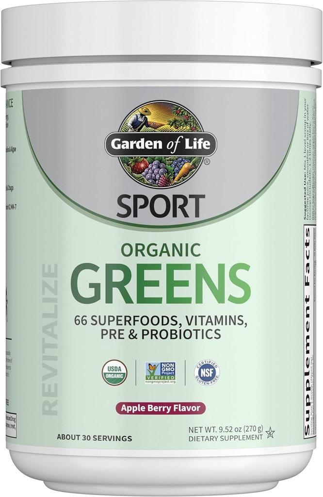 Garden of Life Sport Nutrition Greens and Superfoods Powder for Women and Men - Apple Berry, Organic Blend - Spirulina, Fruit, Vitamins, Pre &amp; Probiotics, Mushrooms, Athletic Supplements, 30 Servings