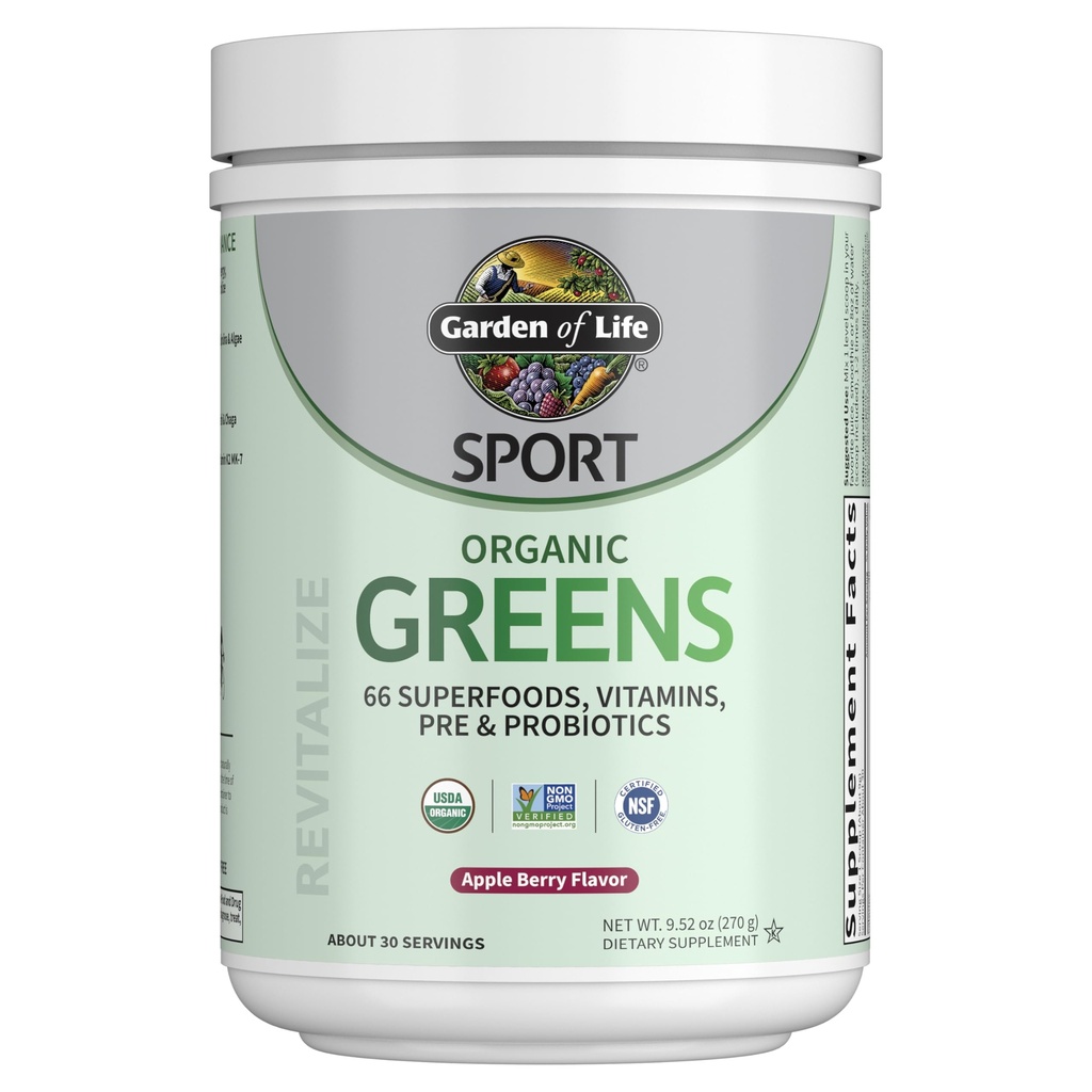 Garden of Life Sport Nutrition Greens and Superfoods Powder for Women and Men - Apple Berry, Organic Blend - Spirulina, Fruit, Vitamins, Pre &amp; Probiotics, Mushrooms, Athletic Supplements, 30 Servings