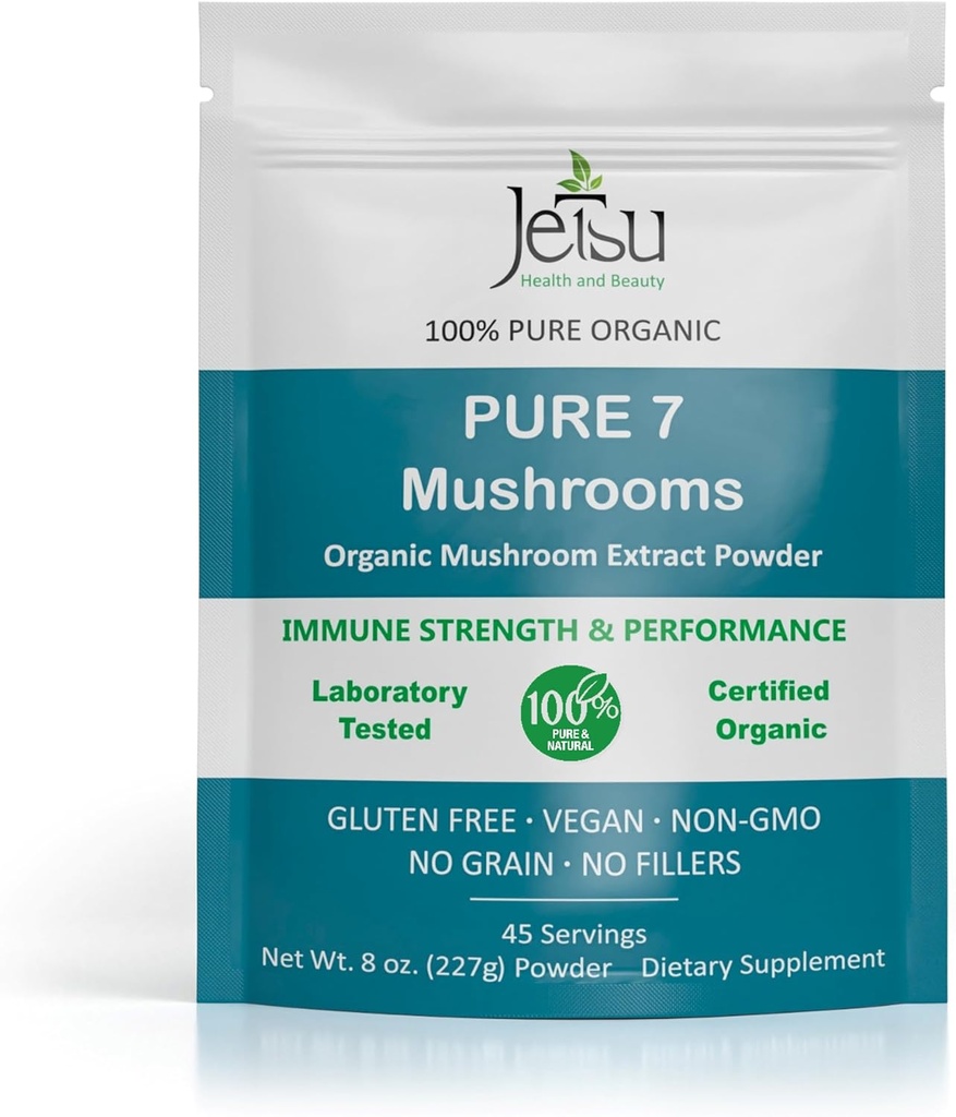 Jetsu Pure 7 Orgánica Mushroom Extract Powder, Chaga, Cordyceps, Lion's Mane, Maitake, Reishi, Shiitake & Turquía Tail Mushrooms Suplemento, para Immune Support, Focus, Energy