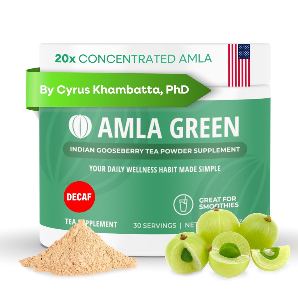 Amla Powder &amp; Decaf Green Tea Superfood Supplement, 20x Ultra Concentrated Amla, Antioxidant Support, Made with Oolong Tea and Indian Gooseberries, Organic, Vegan, Decaf, 30 Servings