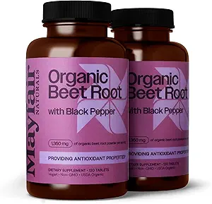 USDA Organic Beet Root with Black Pepper (2 Pack), 1350mg Organic Beet Root Powder, Suplemento dietético, 120 Tablets Cada (240 Total)