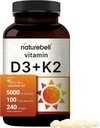 NatureBell Vitamin D3 5,000 UI + K2 100 mcg, 240 Softgels  Daily 2-in-1 Fórmula con Virgin Coconut Oil ANTE Bone, Heart &amp; Immune Support ← MK-7 Form confidencialidad Non-GMO, Gluten-Free