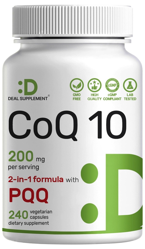 DEAL SUPPLEMENT CoQ10 200mg con PQ 200mcg, 240 Veggie Capsules ← Coenzyme Bioavailable Q10 Complejo ← Apoya Corazón, Energía &amp; Salud Cerebro ← Antioxidante Apoyo 