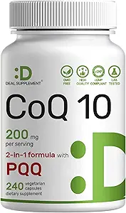 DEAL SUPPLEMENT CoQ10 200mg con PQ 200mcg, 240 Veggie Capsules ← Coenzyme Bioavailable Q10 Complejo ← Apoya Corazón, Energía &amp; Salud Cerebro ← Antioxidante Apoyo 