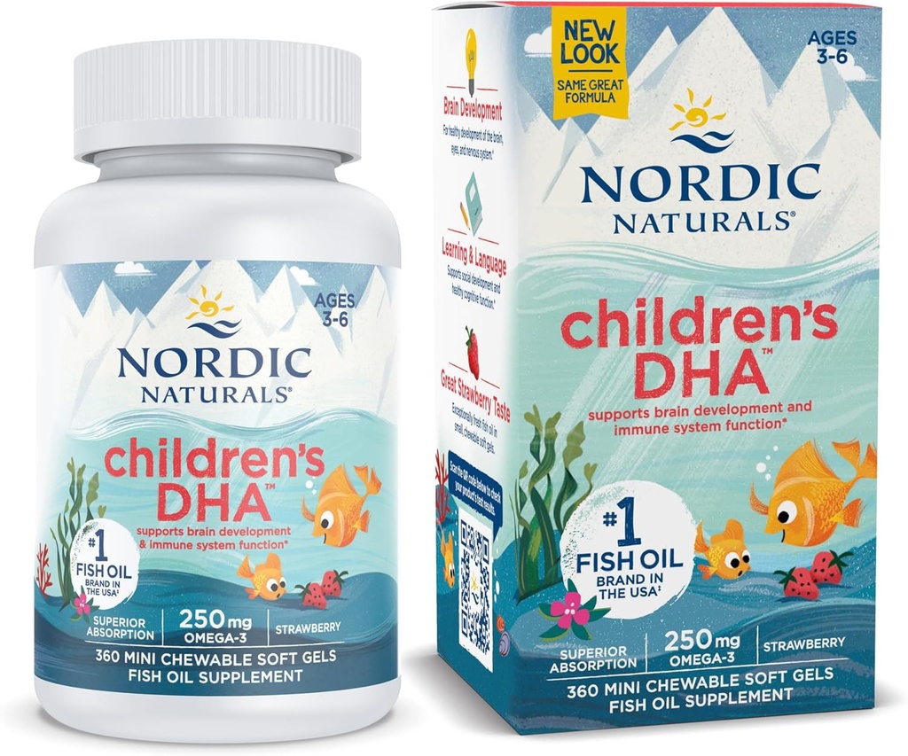 Naturales nórdicos DHA infantil, fresa - 360 mini geles blandos para niños - 250 mg Omega-3 con EPA &amp; DHA - Función de desarrollo del cerebro - No GMO - 90 Servimientos