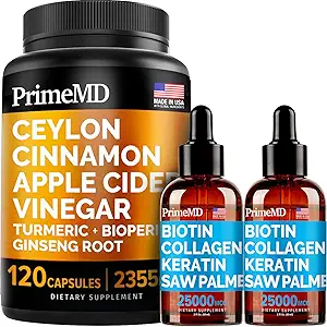 4-in-1 Liquid Biotin Collagen Keratin Saw Palmetto Drops (2 fl oz - 2 Pack) & 5-in-1 Ceylon Cinnamon w Turmeric " Ginseng Root (120ct) Bundle - Hair, Skin, Nails, " Immune Support Supplement