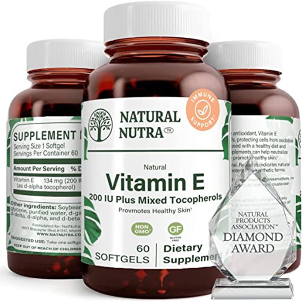 Natural Nutra Vitamin E 200 IU Supplement for Skin, Hair and Nails, Promote Heart Health, Helps Reduce Redness, Helps to Prevent Skin Texture, Promoted Immune System, Gluten Free, 60 Softgels