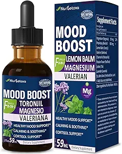 Lemon Balm Mood Boost Drops, Gotas de Citrato de Magnesio, Toronjil y Valeriana para Dormir y Ansiedad, Natural Calm, Cortisol Balance, Promociona Relajación w/Magnesium Extract Liquid.2oz