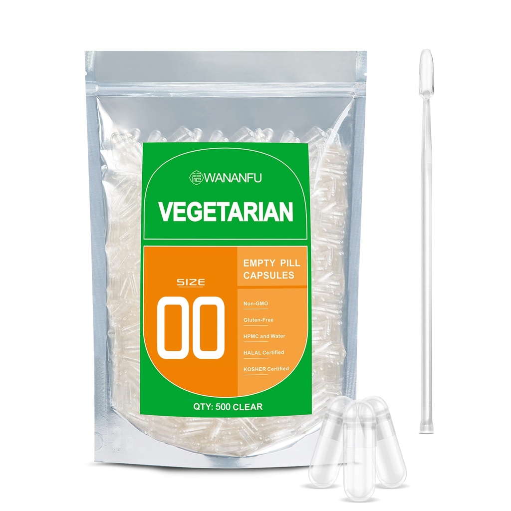 wananfu Tamaño 00 Empty Capsules Vegetarian (500 Conde) Agrupar con Micro Lab Spoon, Limpiar las cápsulas de la píldora Fillable 00 para hacer sus propios suplementos