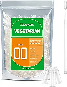 wananfu Tamaño 00 Empty Capsules Vegetarian (500 Conde) Agrupar con Micro Lab Spoon, Limpiar las cápsulas de la píldora Fillable 00 para hacer sus propios suplementos