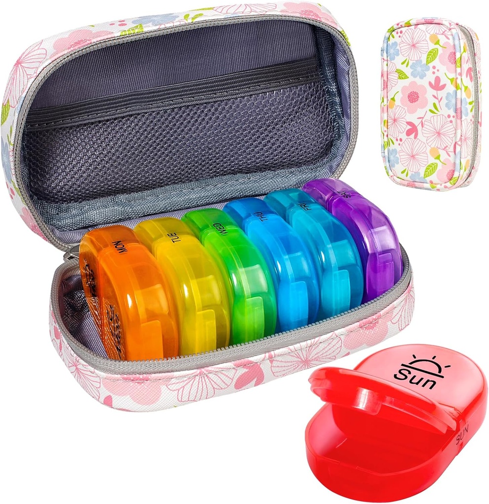 Serfeymi Organizador semanal de píldoras de viaje 2 veces al día AM Upgraded Rainbow Pill Box 7 Day with Portable Zipper PU Leather Pill Case, Medicine Organizer for Pills, Vitamins, Fish Oils - Floral 01
