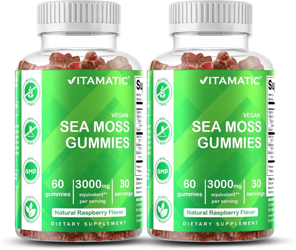 Vitamatic Irish Sea Moss Gummies – 3000 mg Equivalente por Serving (desde el Extracto 132,5 mg) – 60 Ct – Hecho con Fledderwrack & Burdock Root – 2 Pack