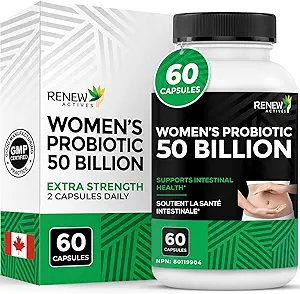 RENEW ACTIVES Probiotics for Women 50 Billion CFU per 2 Capsules – MAKTREK Technology, 4 Probiotic Strains & Prebiotic Blend – Apoya Digestion Health & Gut Flora Balance – Hecho en Canadá– 60 cápsulas