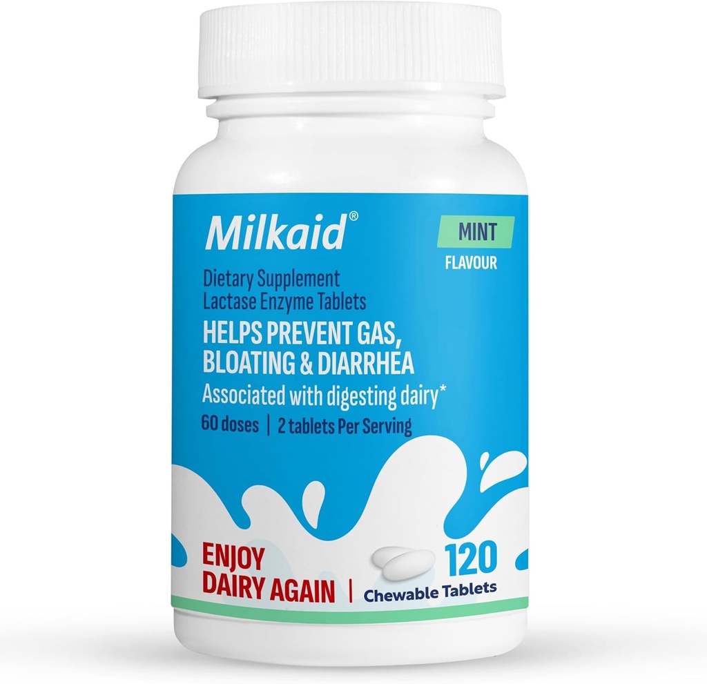 Lactasa láctea Enzyme Tablas para Alivio de la Intolerancia de Lactosa tóxica Previene Gas, Bloating & Diarrhea ← Fast Acting Dairy Digestive Supplement (120 Tablets, Mint)