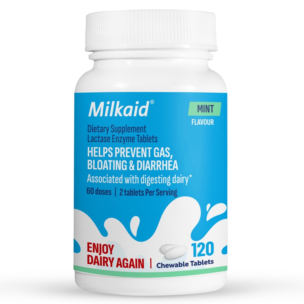 Milkaid Lactase Enzyme Chewable Tablets for Lactose Intolerance Relief | Prevents Gas, Bloating & Diarrhea | Fast Acting Dairy Digestive Supplement (120 Tablets, Mint)