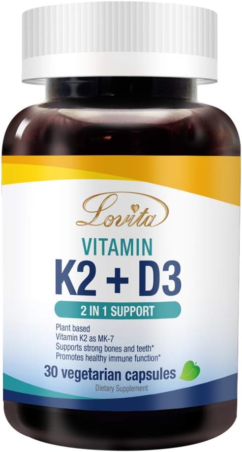Lovita Vitamina K2 + D3, 400 UI Vitamina Vegana D3 &amp; 120 mcg Vitamina K2 (MK-7), 2 en 1 Fórmula, Complejo de Vitamina Inmune, 30 cápsulas vegetarianas