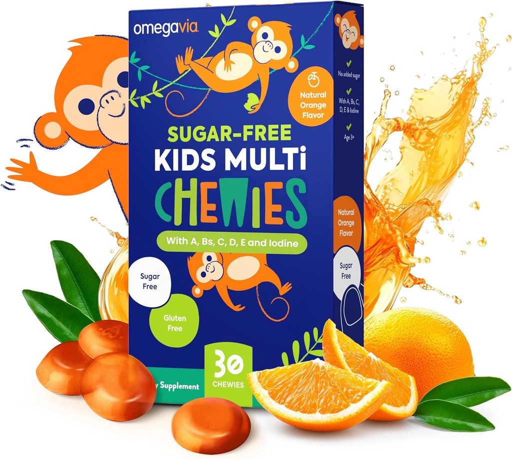 OmegaVia Sugar Free Kids Multivitamin Chewies - Daily Chewable Gummy Vitaminas para niños 3+, Vitamina A, C, D3, E, B6 &amp; B12, Folate &amp; More, Natural Orange Flavor, 30 Cuenta