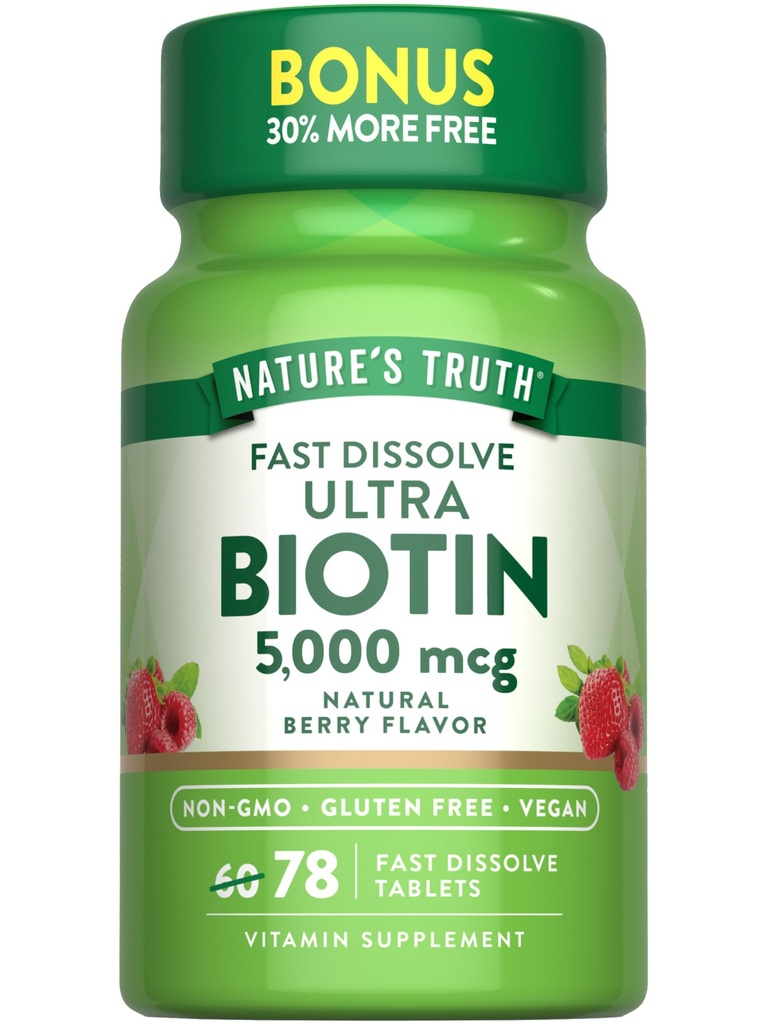 Verdad de la naturaleza Biotin 5000mcg ← 78 Tablas de disuelve rápido Silencio Natural Berry Flavor ← Vegan, Non-GMO, Gluten Free