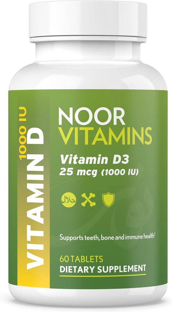 Vitaminas de Noor Vitamina Halal D, Vitamina Halal D3, 1000 UI Tablas, Soportes Hueso, Inmune &amp; Heart Health, Non-GMO, Gluten Gratis &amp; Halal (60 Cuenta)