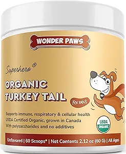 Wonder Paws Organic Turkey Tail Mushroom for Dogs – Powerful Turkey Tail for Dogs Mushroom Powder for Immunity, Respiratory, Digestion & Cellular Health – with Beta Glucans & Polysaccharides- 2.12 oz