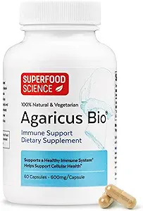 Agaricus Bio 600 mg, Natural Killer Cell Activity -USA-Grown Organic Agaricus Blazei Murill Mushroom for Immune Support, Liver " Cellular Health, High Beta Glucan Supplements, 60 caps
