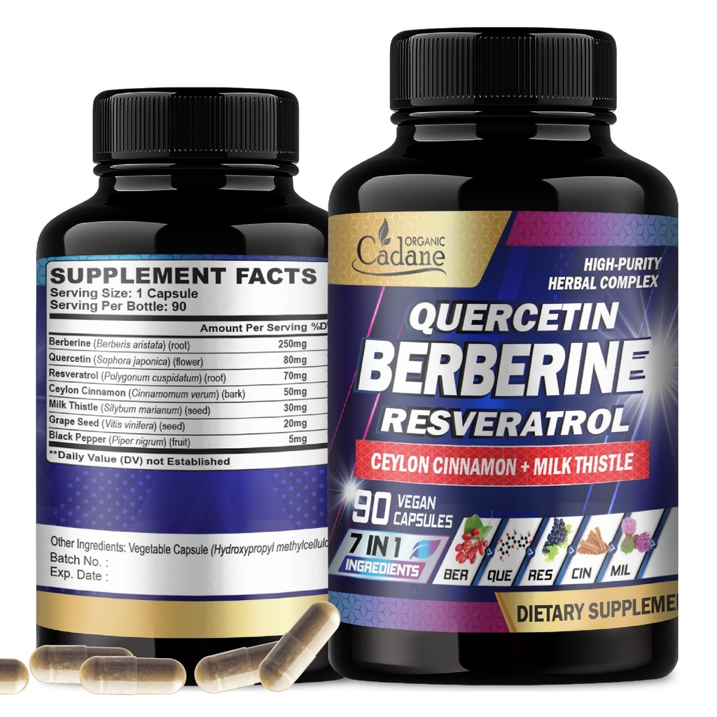 Cadane Orgánica 7in1 Suplemento Puro de Berberina con Quercetina, Canela de Ceylán, Resveratrol, Carga de leche, Semillas de Grape y Pepper Negro - 90 cápsulas para 3 meses de suministro - Apoyo a la Salud Inmunitaria