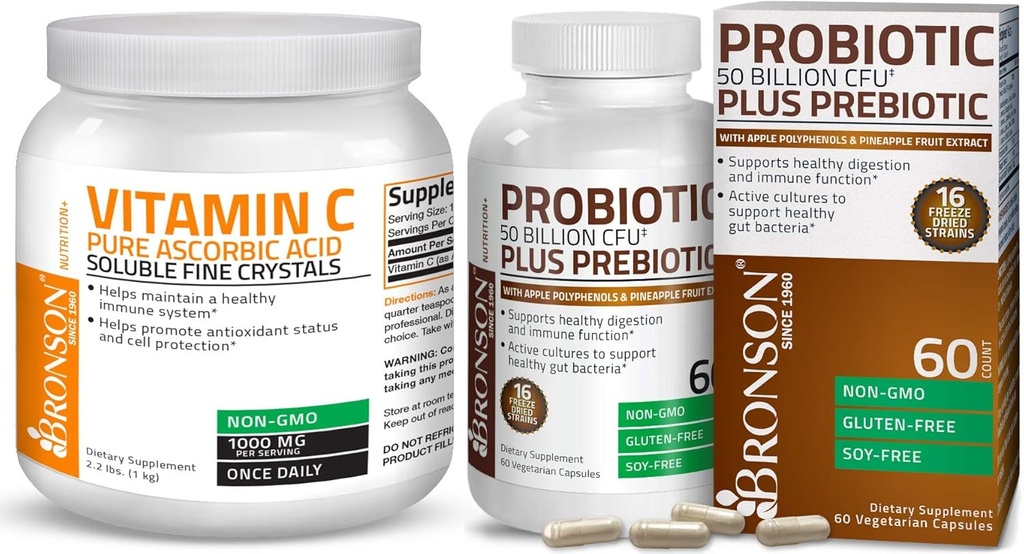 Bronson Probiotic 50 Billion CFU + Prebiotic with Apple Polyphenols &amp; Pineapple Fruit Extract Vitamin C Powder Pure Ascorbic Acid Soluble Fine Non GMO Crystals