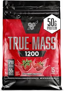BSN TRUE-MASS Weight Gainer, Muscle Mass Gainer Protein Powder, Strawberry Milkshake, 10.25 libras