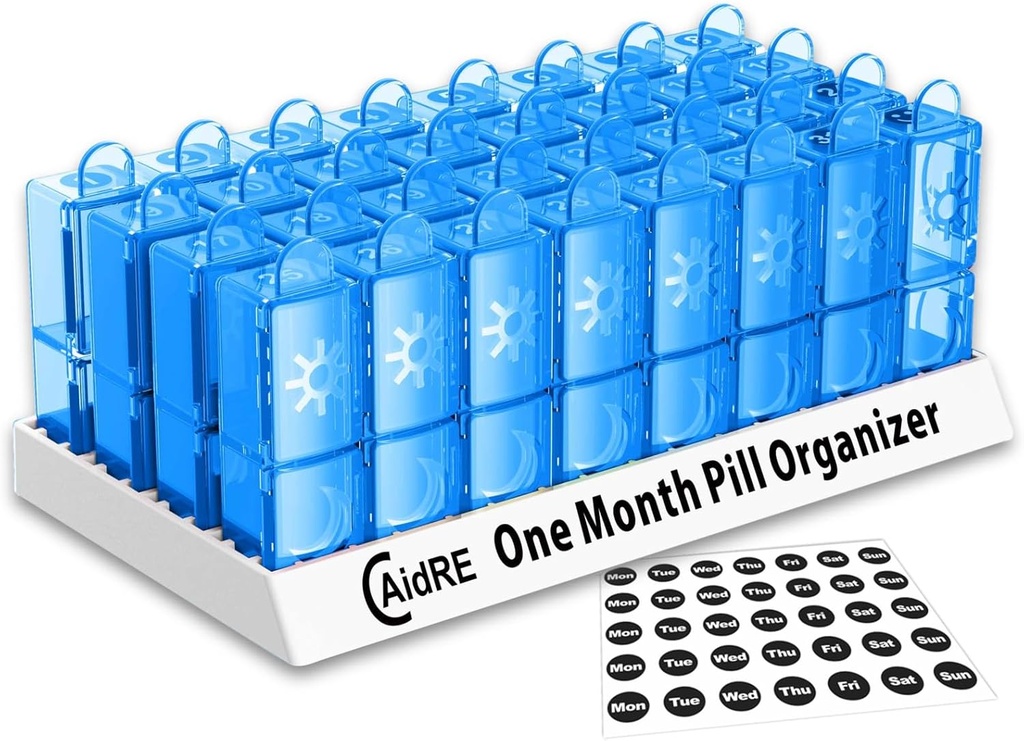 31 días Organizador de píldoras AM/PM – Caja de píldoras mensuales para medicamentos, vitaminas y suplementos – Un mes 2 veces al día caja de píldoras, 4 semanas organizador diario de píldoras, azul