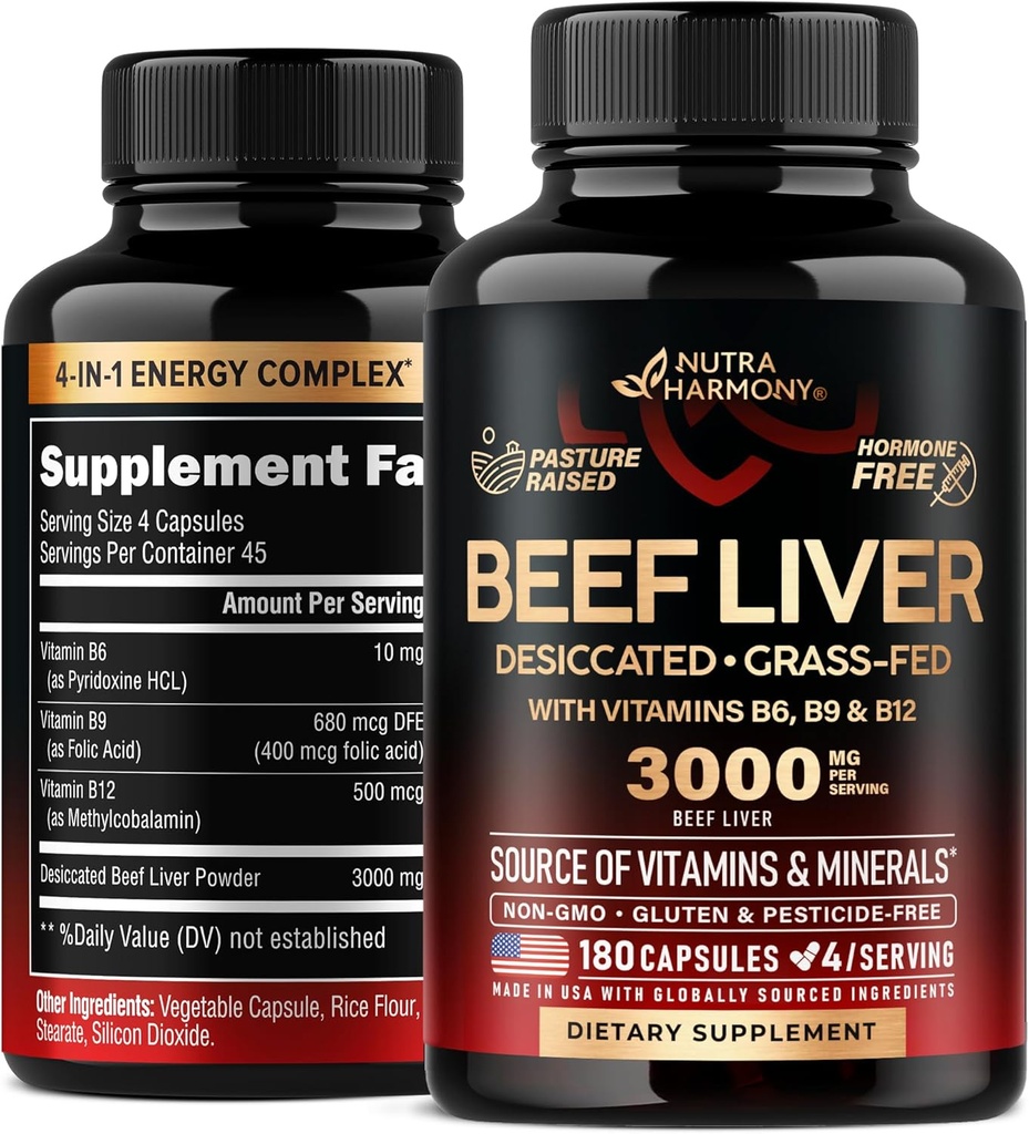 Beef Liver Capsules 3000 mg - Organic Desiccated Beef Liver - Grass-Fed, Pesticide Free & Pasture Raised - For Energy, Brain, Focus &amp; Mood, Skin & Hair Support - with Vitamin B-Complex - 180 Capsules