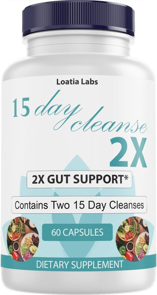 15 Day Cleanse 2X - Double Gut & Colon Support - Advanced Gut Cleanse Detox for Women &amp; Men with Alfalfa, Cascara Sagrada, Probiotics " Psyllium Husk - Non-GMO - Made in USA - 60 cápsulas (1 botella)