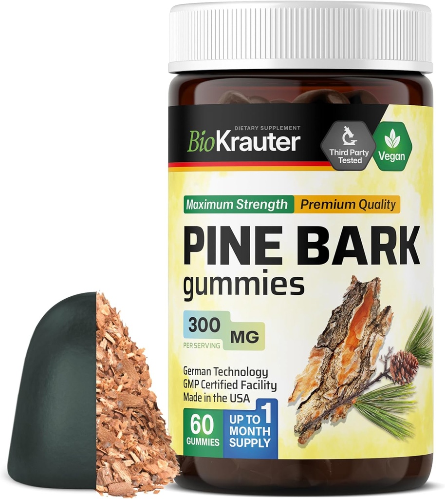 BIO KRAUTER Pine Bark Extract Gummies - 300 mg Strength - 60 Chews veganos - French Maritime Pine Bark Extract - Antioxidant Supplement - 95% Proanthocyanidins - Pectin-Based Formula