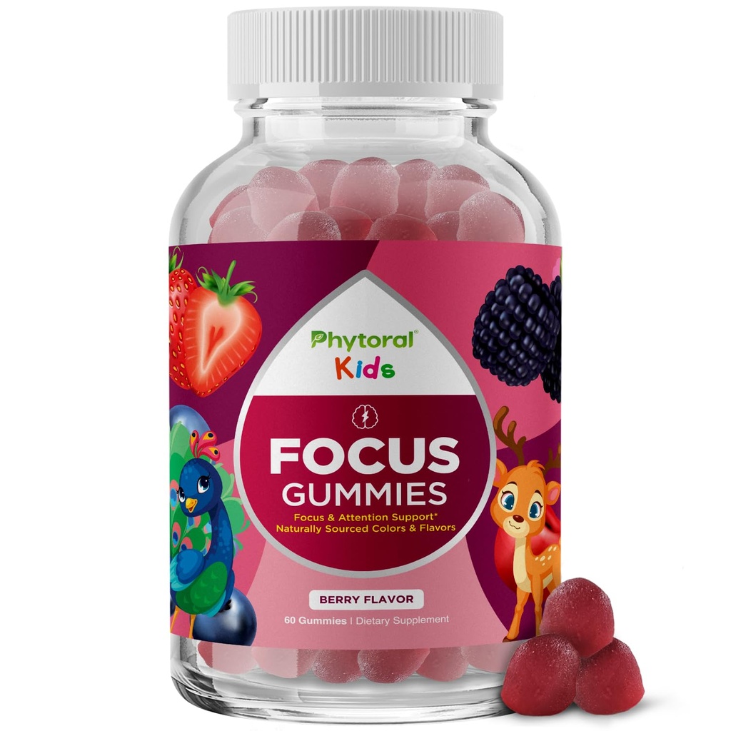 Gummies de enfoque para niños veganos Phytoral - Potent Chewable Brain Support for Children - Mejora la concentración & memoria - Suplementos de calma " Gummies de enfoque para niños - No Gluten-Free - 60 Condes