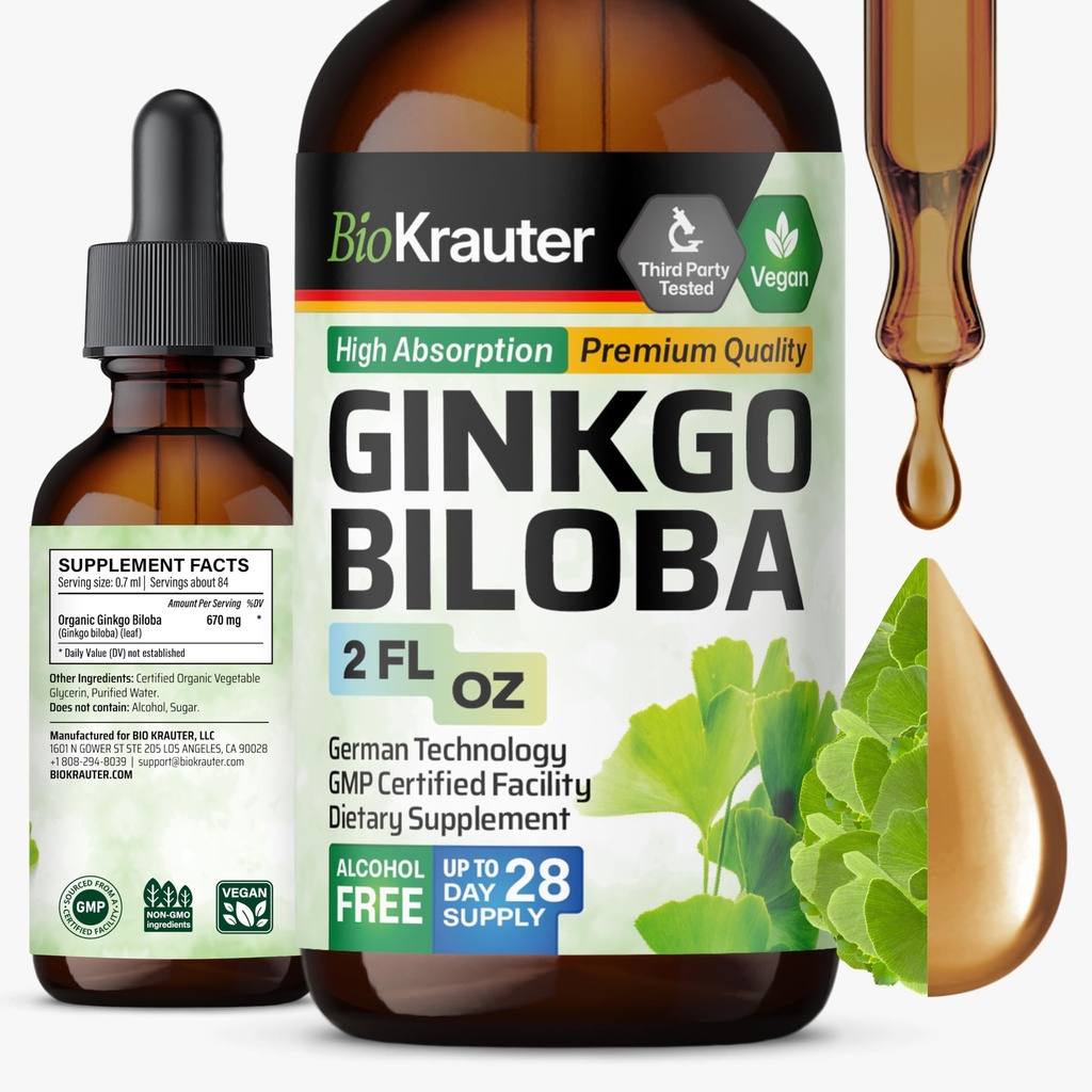 BIO KRAUTER Ginkgo Biloba Extract - Liquid Ginkgo Biloba Suplementos para Cerebro - Vegan, Alcohol &amp; Azúcar Gratis - 2 Fl Oz