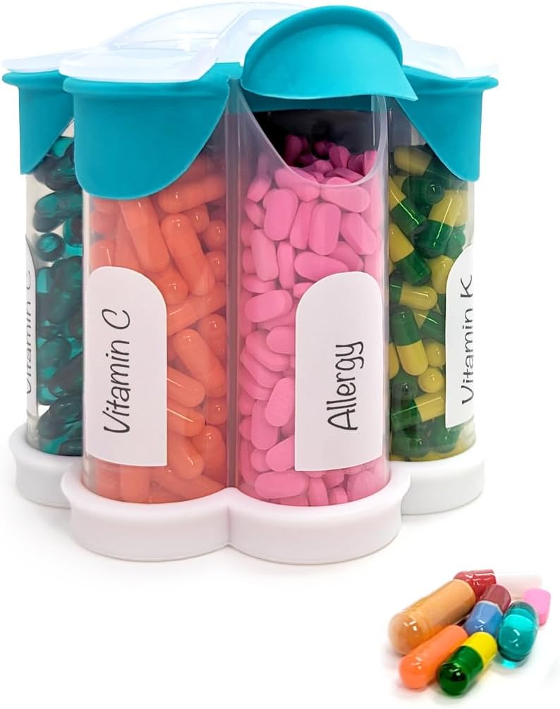 Organizador extra grande de píldoras diarias, semanales, suplemento mensual botella, dispensador de píldoras Cute Blossom con 7 compartimientos XL, caja de píldoras fácil de abrir para vitaminas, medicamentos, etiquetas incluidas