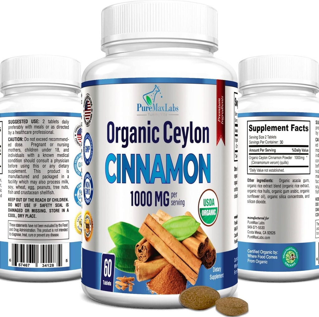 Ceilán orgánico Cinnamon - 1000mg por Serving, Certified Organic True Cinnamon Suplemento, antioxidante, rápida absorción - 60 Tabletas