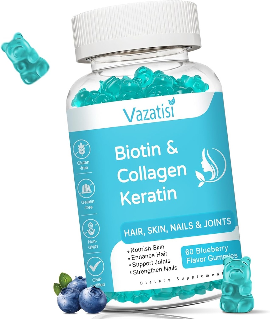 Biotina Gummies con colágeno " Keratina para la piel del cabello uñas- apoya el crecimiento del cabello y uñas más fuertes, mujeres hombres, niños - 60 Blueberry Flavored Gummies