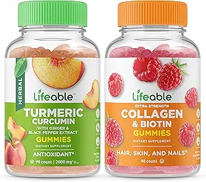Curcumina Turmérica Lifeable + Collagen " Biotin, Gummies Bundle - Gran Tasting, Suplemento de vitamina, Gluten Free, GMO Free, Chewable Gummy