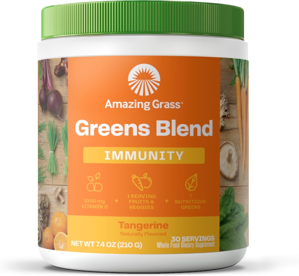 Increíble Grass Green Superfood Immunity: Super Greens Powder with Vitamin C, Cordyceps, Beet Root Powder & Reishi Mushrooms, Tangerine, 30 Servings