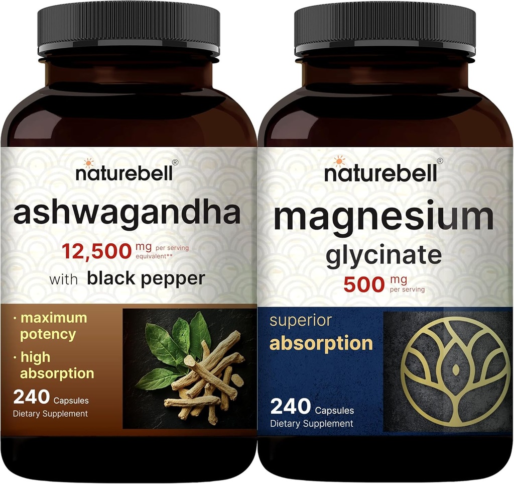 NatureBell Magnesium Glycinate Capsules 500mg " Ashwagandha 12,500 mg Equivalente con Black Pepper Bundle Pack  Chelated " Purified Mineral peru Adaptogens Suplementos para la relajación