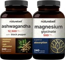 NatureBell Magnesium Glycinate Capsules 500mg " Ashwagandha 12,500 mg Equivalente con Black Pepper Bundle Pack  Chelated " Purified Mineral peru Adaptogens Suplementos para la relajación