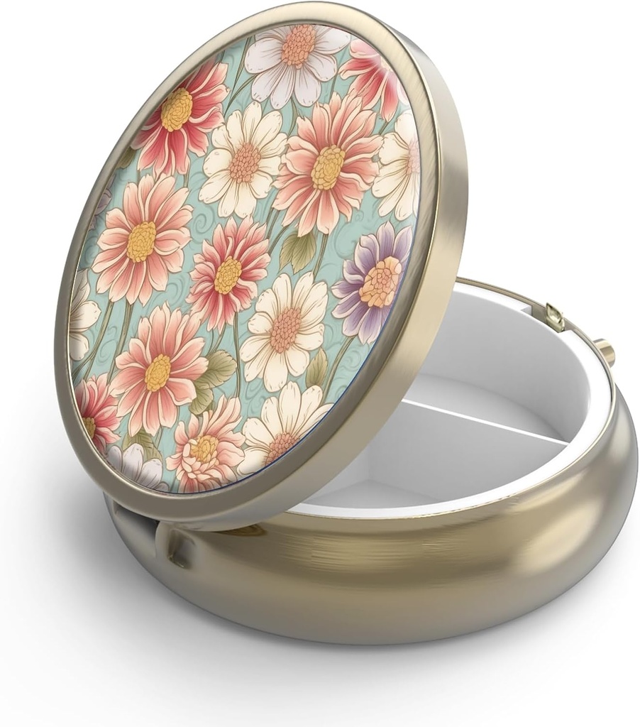 Pill Case Pill Box with Mirror Retro 3 Compartment Small Pill Organizer for Purse or Pocket Bronze Small Roud Pill Box or Vitamins, Fish Oil, Supplements, Pill Containe Travel Gifts( Retro Floral)