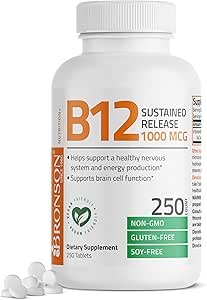 Bronson Vitamin B12 1000 mcg Sustained Release Premium Non GMO Tablets Supports Nervous System, Healthy Brain Function and Energy Production, 250 Count