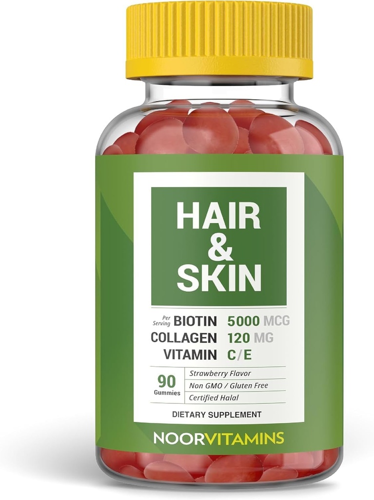 Vitaminas de Noor El cabello haal Vitaminas Biotina, Collagen, Silica, Vitamina C &amp; E Soporta el cabello, la piel &amp; la salud de la uñas; las vitaminas del maní de fresa natural. GMO, Gluten Free &amp; a Certified Halal Vitamin (90 Cuenta)