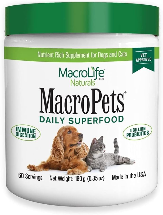 MacroLife Naturales MacroPets Verdes Superalimentos Suplemento Polvo para perros Gato Pequeño Mamífero, Nutrición Natural Probióticos Enzimas Digestivos Vitamina E - Immune Gut Health & Energy - 6.35oz