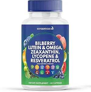 Superalimentos MD salud de ojos vitaminas con luteína de mora " Zeaxanthin Lycopene Resveratrol Grape Seed Extract Astaxanthin- AREDS 2 - Vitamina de ojos - 60 cápsulas