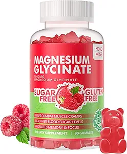 90 TC Magnesio Glycinate Gummies 1000mg - Suplemento de Potasio de Magnesio Libre de Azúcar con Vitamina D, B6, CoQ10 para calma Mood &amp; Sleep Support - 90 Raspberry Gummies